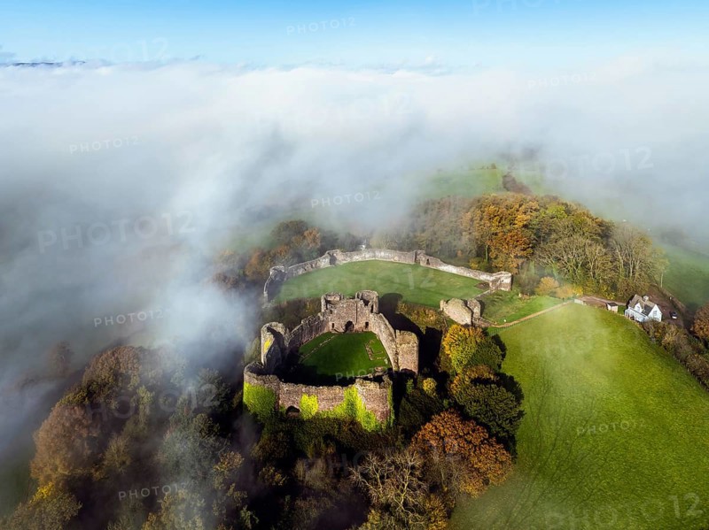 White Castle in the fog at dawn, Monmouthshire, Wales, England, United Kingdom, Europe