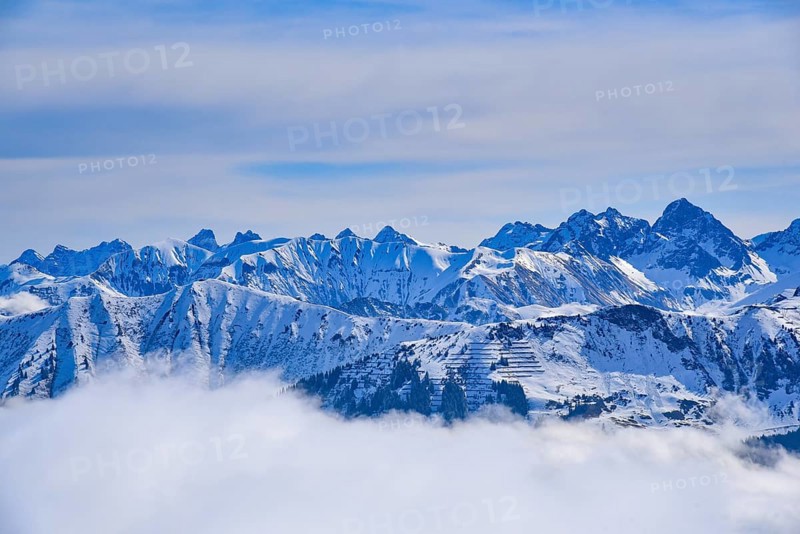 View of the Oberstdorf and Lechtal mountains from the mountain station of the Ifen cable car in Kleinwalstertal, with the Krottenkopf (2656 m) on the right, Allgäu, Vorarlberg, Austria, Europe