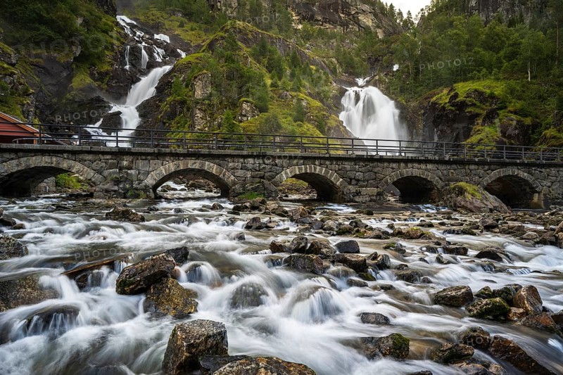 Låtefossen waterfall with bridge, Latefossen, Odda, Vestland, Norway, Europe