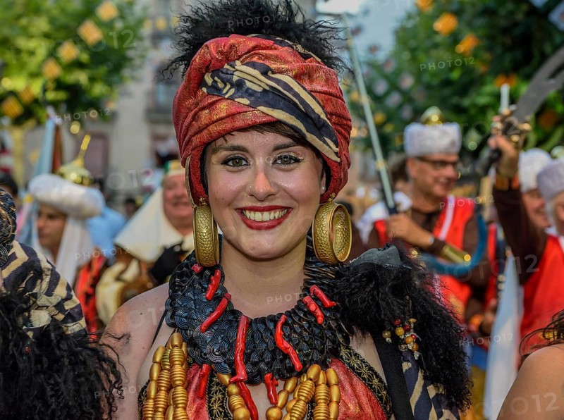 Woman in historic clothing, Moors and Christians Parade, Moros y Cristianos, Jijona or Xixona, Province of Alicante, Costa Blanca, Spain, Europe