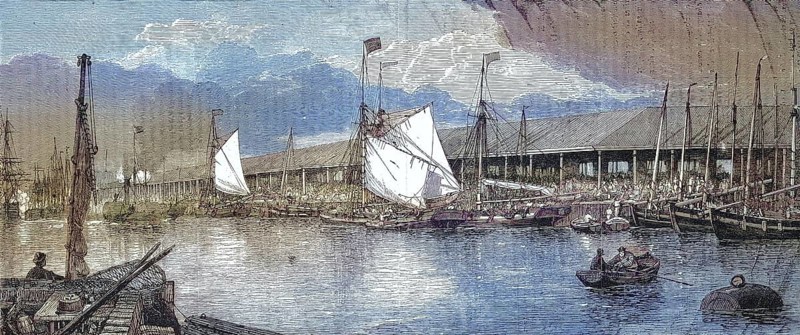 The fish market in the fishing harbour of Yarmouth in 1868, England, Historic, digitally restored reproduction of an original 19th century painting, exact original date unknown