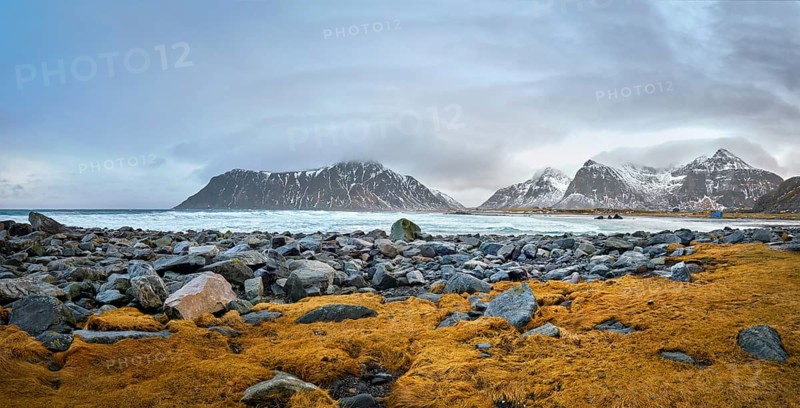 Panorama of rocky coast of fjord of Norwegian sea in winter with snow. Skagsanden beach, Lofoten islands, Norway, Europe