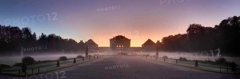 Panorama, dawn with ground fog in Nymphenburg Park with Nymphenburg Palace, Munich, Bavaria, Germany, Europe