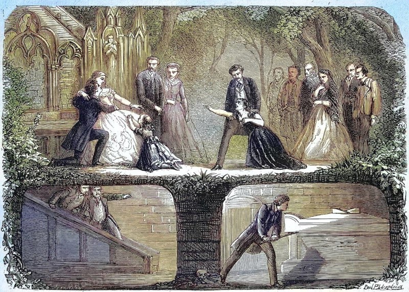 Theatre of Ambiguous Comedy, The Sacrifice, drama in five acts and eight pictures by Theodore Barriere and Leon Beauvallet, 1869, France, Historical, digitally restored reproduction of an original 19th century play, exact original date unknown, Europe