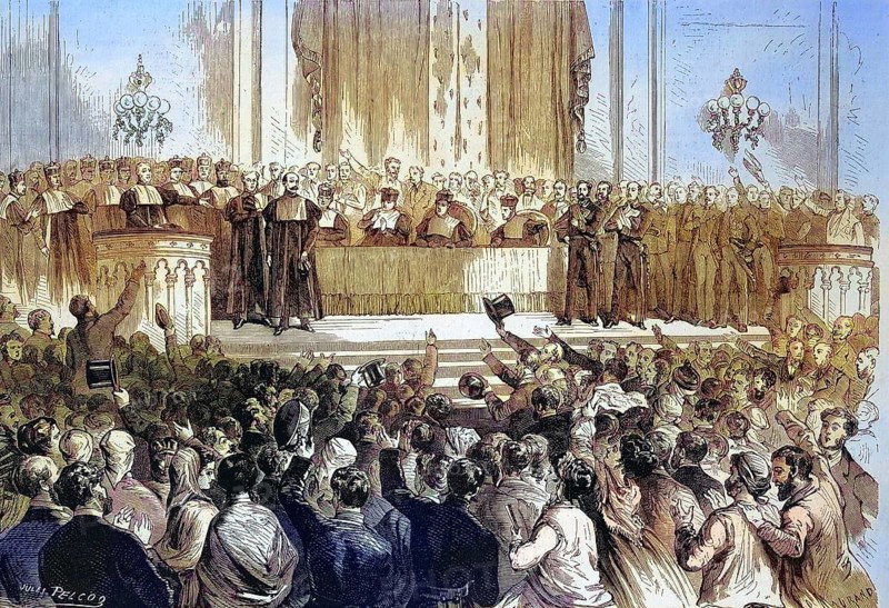 Event at the University of Madrid, Castelar, Fernando Castro and the other professors are ceremoniously reinstated to their chairs, 1869, Spain, Historical, digitally restored reproduction of a 19th century original, Europe