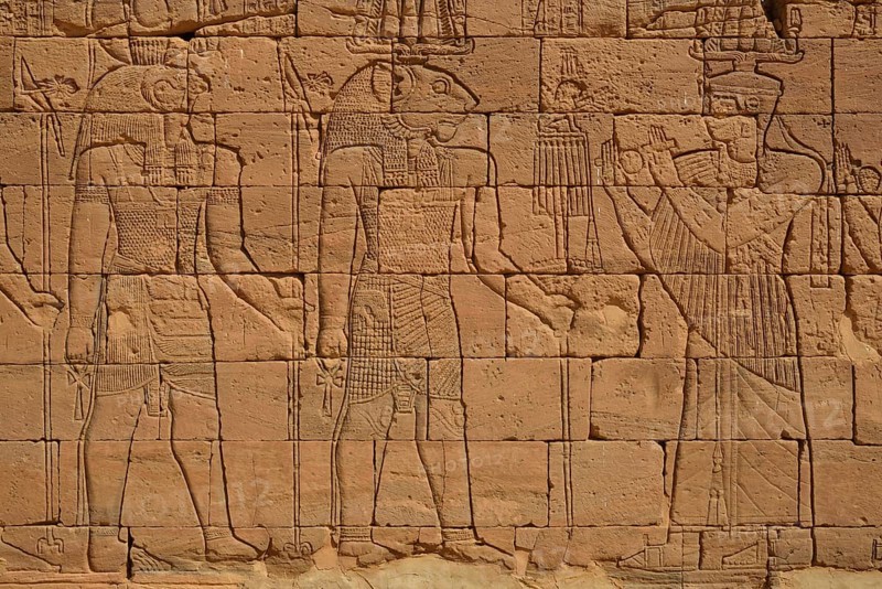 Relief of a procession with the deities Apedemak and Horus at the Lion Temple for the lion-deity Apedemak, Naga, Black Pharaohs, Nubia, Nahr an-Nil, Sudan, Africa