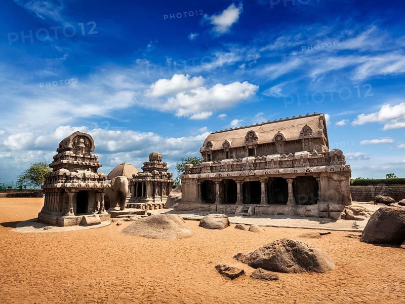 Five Rathas, ancient Hindu monolithic Indian rock-cut architecture. Mahabalipuram, Tamil Nadu, South India