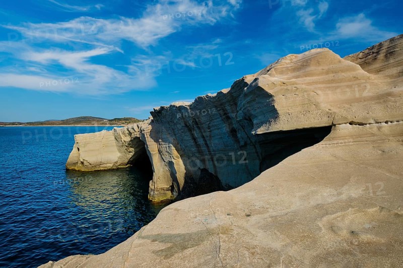 White rocks of famous tourist attraction of Milos island Sarakiniko beach and Aegean sea, Milos island, Reece