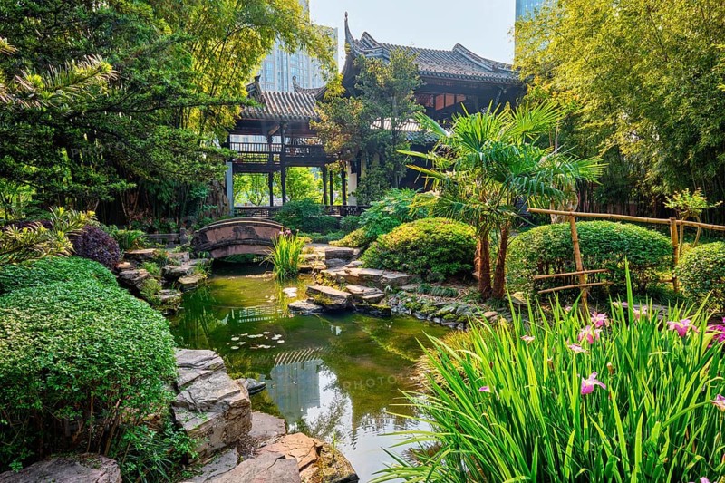 Chinese garden park in China, Wangjiang Pavilion (Wangjiang Tower) Wangjianglou Park. Chengdu, Sichuan, China, Asia