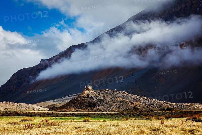 Small Buddhist gompa in Spiti Valley in Himalayas. Himachal Pradesh, India, Asia
