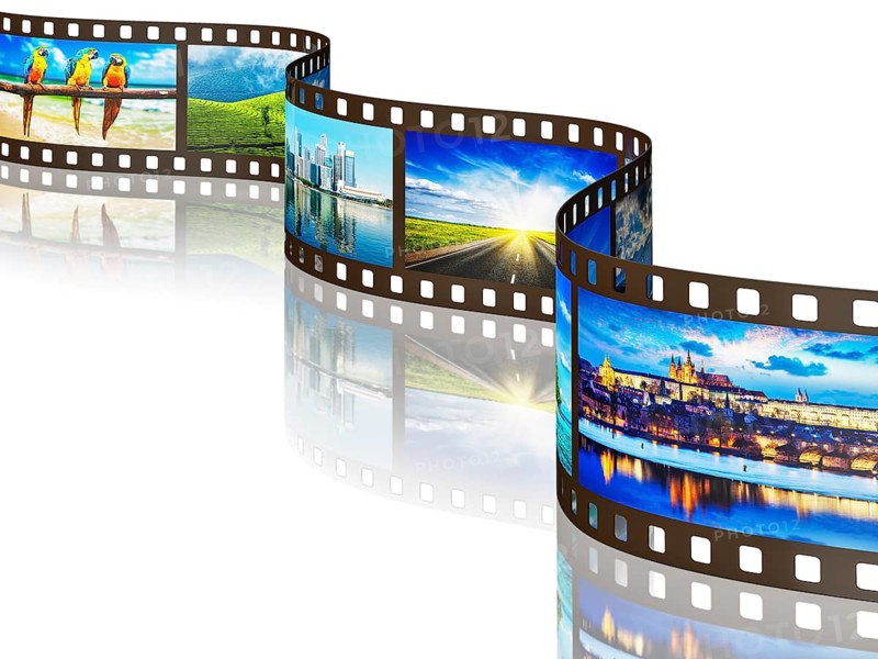 Global travel world countries concept, photo film with travel images with reflection on white background