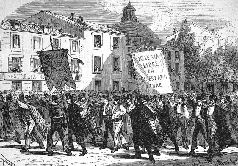 Demonstration for religious freedom in Madrid, 1869, Spain, Historic, digitally restored reproduction of an original 19th century artwork, exact original date unknown, Europe
