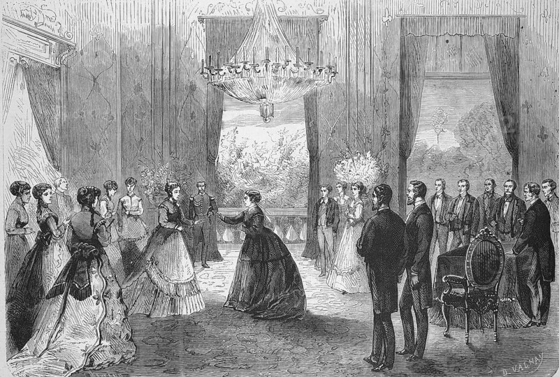 Visit of Empress Eugenie de Montijo, Maria Eugenia Ignacia Agustina de Palafox Portocarrero de Guzman y Kirkpatrick with Queen Victoria of England, Hotel of the English Embassy, Historic, digitally restored reproduction of a 19th century original, exact original date unknown