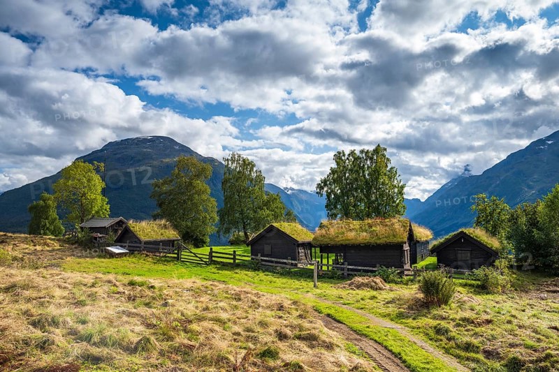 Traditional mountain huts on the mountain Årheimsfjellet, Loen, Stryn, Norway, Europe