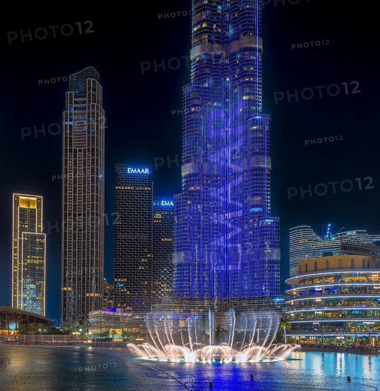 Night shot, water feature in Burj Khalifa Lake, Burk Khalifa, Downtown, Dubai, United Arab Emirates, Asia