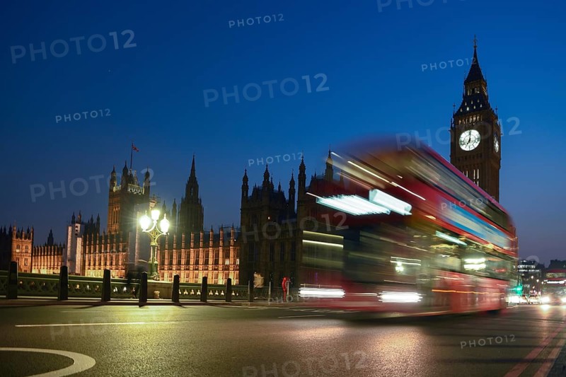 Red double-decker bus on Westminster Bridge, blue hour, Big Ben in the background, Westminster, London, England, United Kingdom, Europe