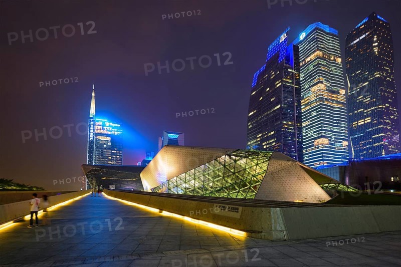 GUANGZHOU, CHINA, APRIL 27, 2018: Guangzhou Opera House designed by famous Iraqi architect architect Zaha Hadid illluminated at night