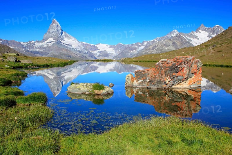 Matterhorn and mountain lake, Stellisee, Valais, Switzerland, Europe