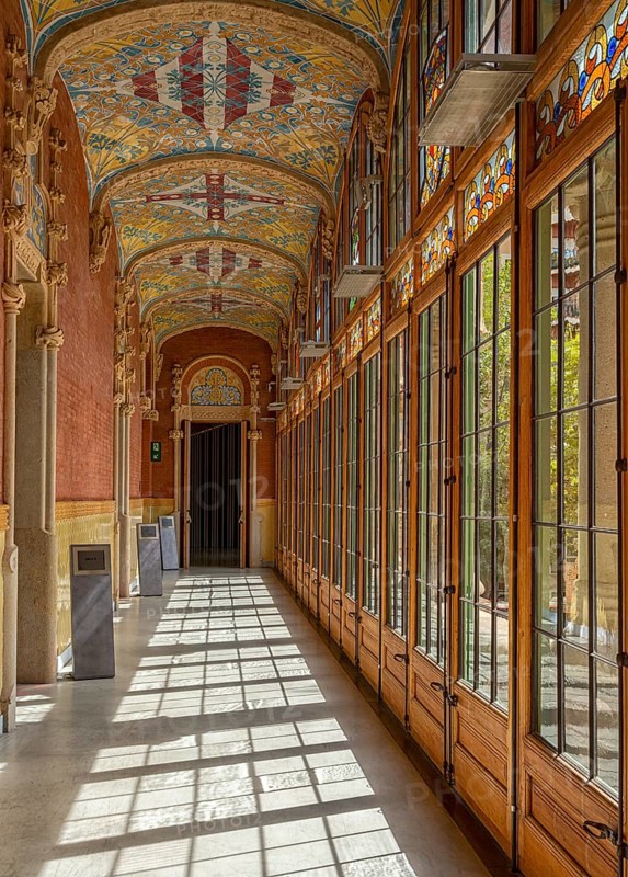 Interior view of the hall and corridors in the main building in the Hospital de la Santa Creu i Sant Pau by architect Lluís Domènech i Montaner, Barcelona, Catalonia