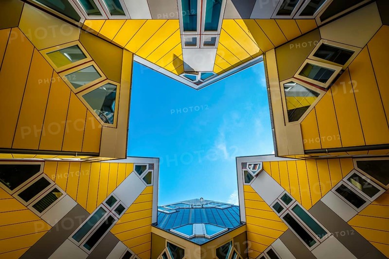 ROTTERDAM, NETHERLANDS, MAY 11, 2017: Cube houses innovative cube-shaped houses by architect Piet Blom with main idea to optimize space in Rotterdam, Netherlands, now became a tourist attraction