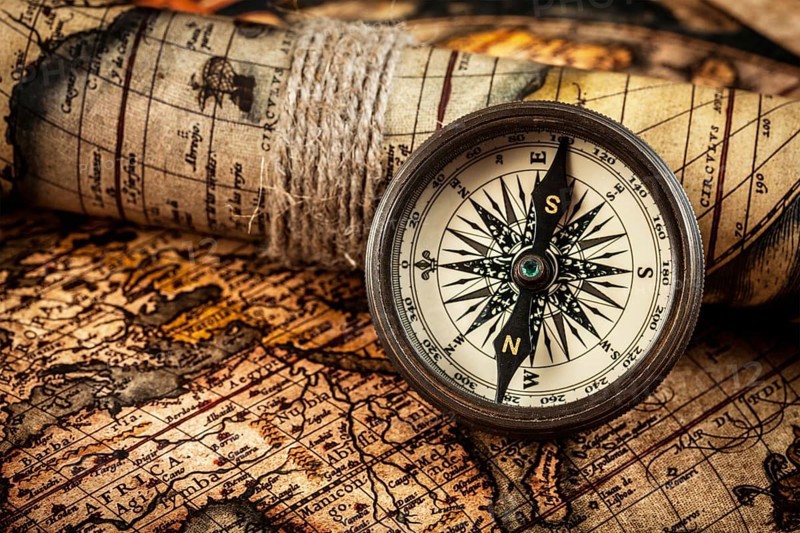 Travel geography navigation concept background, old vintage retro compass on ancient world map