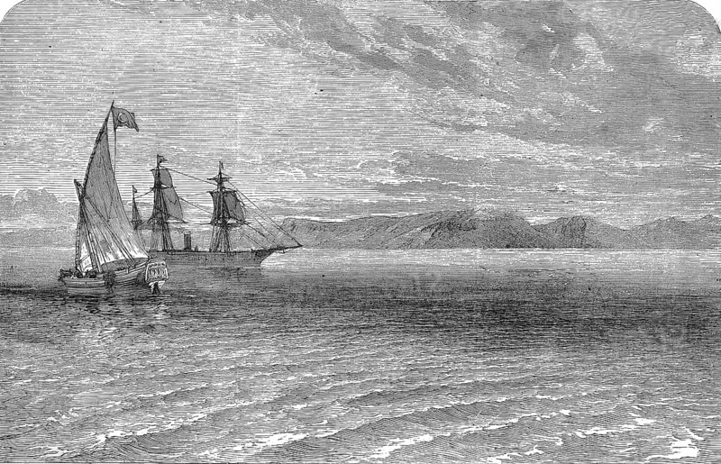 Sailing ships off the coast of Abyssinia, 1869, today Ethiopia and Eritrea, Historical, digitally restored reproduction of an original 19th century painting, exact original date not known