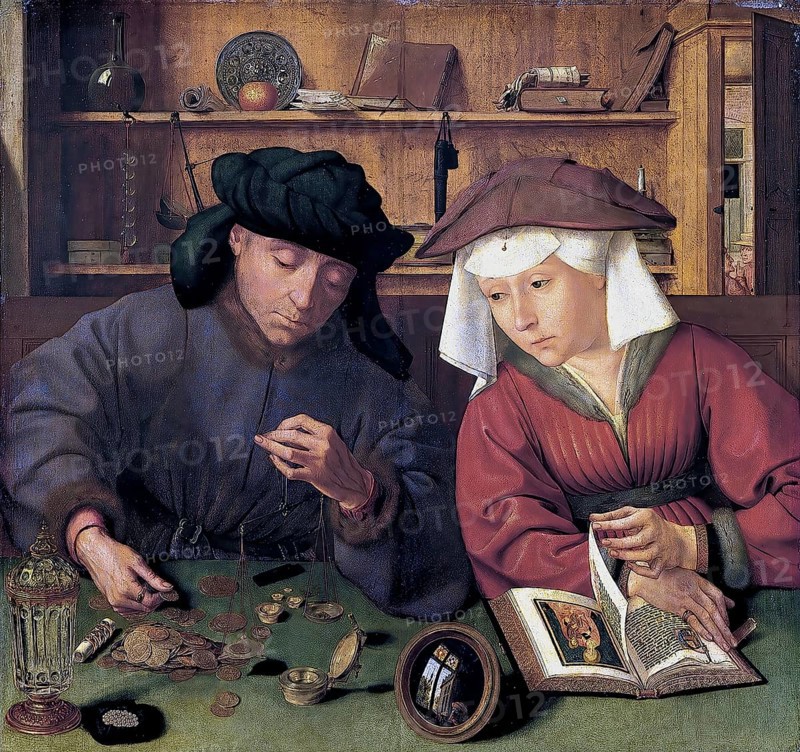 The Moneychanger and his Wife, 1514, after a painting by Quentin Massys, Historical, digitally restored reproduction of a 19th century original