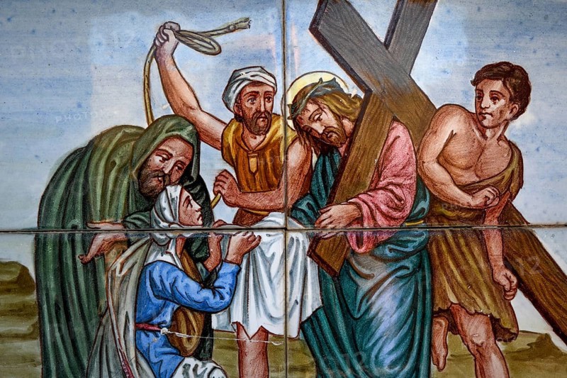 Painted wall tiles of the Passion of Christ at the Way of the Cross in Guadalest, Alicante Province, Costa Blanca, Spain, Europe