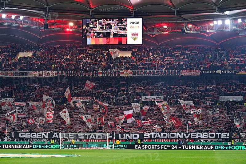 Cannstatter Kurve fan block, fans, fan curve, flags, flags, atmosphere, atmospheric banner, fan poster, banner, poster, banner, fan campaign AGAINST ALL CITY AND STADIUM BANS, DFB Cup, MHPArena, MHP Arena Stuttgart, Baden-Württemberg, Germany, Europe