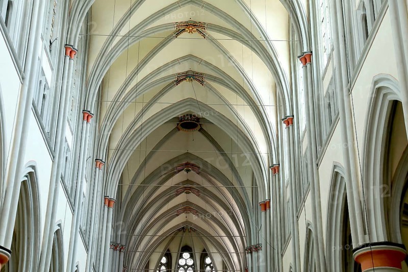 Interior and vaulted ceiling, Altenberg Cathedral, Bergischer Dom, former monastery church of Altenberg Abbey, built by the Cistercians in 1133, Rheinisch-Bergischer Kreis, administrative district of Cologne, North Rhine-Westphalia, Germany, Europe