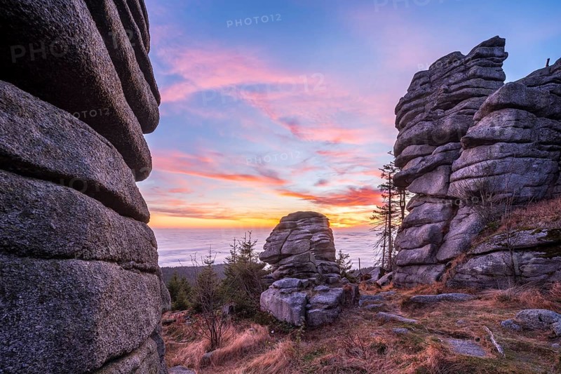 Rock formations on the Dreisesselberg at sunset, Haidmühle, Bavarian Forest, Lower Bavaria, Bavaria, Germany, Europe