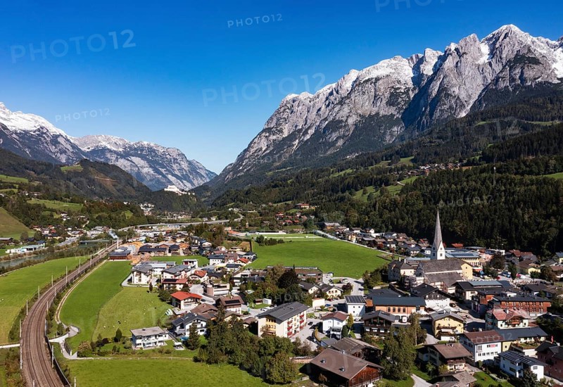 Drone image, settlement area, view of village with church, Pfarrwerfen, Tennengebirge, Salzachtal, Pongau, Salzburg province, Austria, Europe