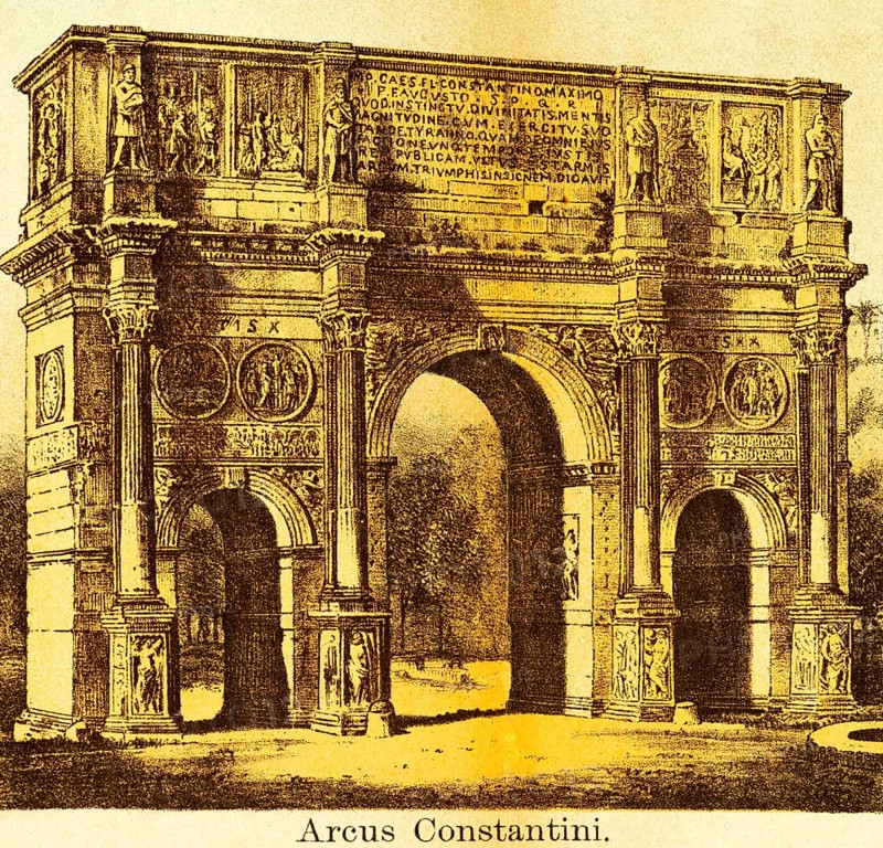 Arcus Constantini or Arco di Costantino, Arch of Constantine, Constantine Tor, three arches, rich ornamentation, columns, statues, inscription, battle scenes, architecture, title, ancient Rome, Italy, coloured historical illustration from 1882, Europe