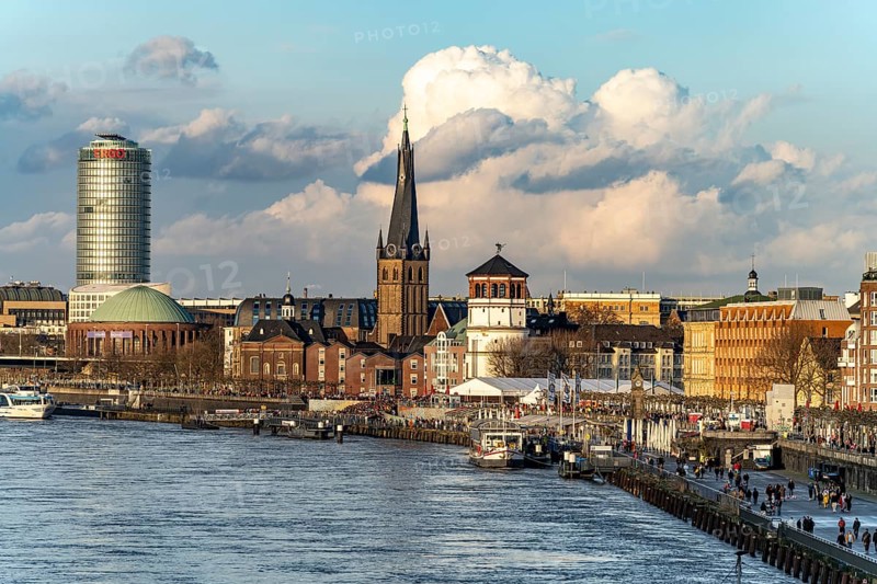 City view with Rhine promenade, St. Lambert's Basilica, castle tower, Tonhalle and Ergo Tower in Düsseldorf, North Rhine-Westphalia, Germany, Europe