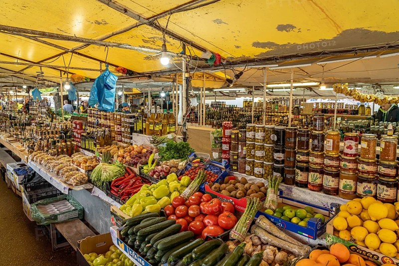 Fruit, vegetables and local specialities at the market in Trogir, Croatia, Europe