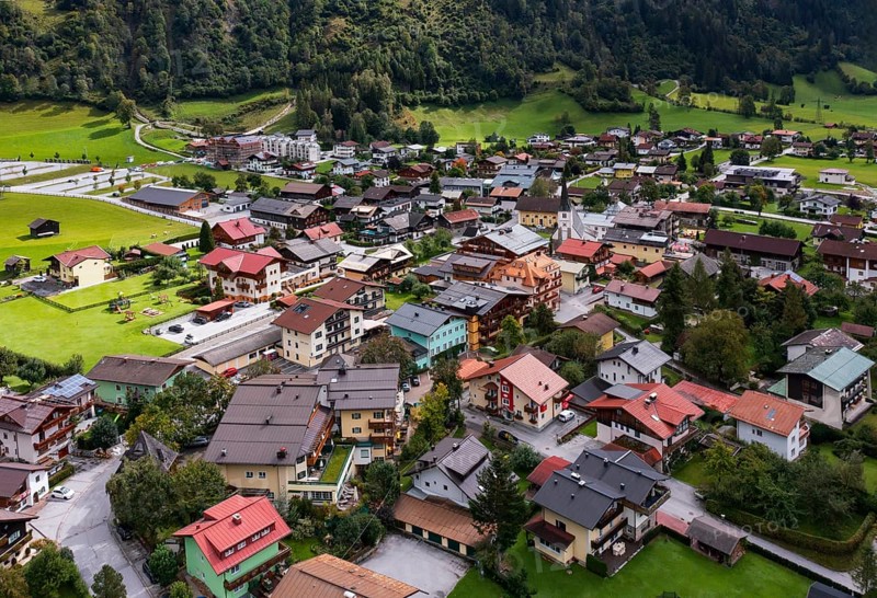 Drone image, residential buildings, view of village with parish church, Dorfgastein, Gasteinertal, Pongau, Salzburg province, Austria, Europe