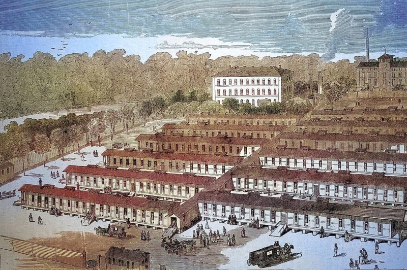 The barrack hospital, military hospital, for wounded warriors at Rosenthale near Leipzig, Deutschland, 1871 / Das Barackenlazarett, Militärkrankenhaus, für verwundete Krieger am Rosenthale bei Leipzig, 1871, Historisch, historical, digital improved reproduction of an original from the 19th century / digital reproduction of an original from the 19th century