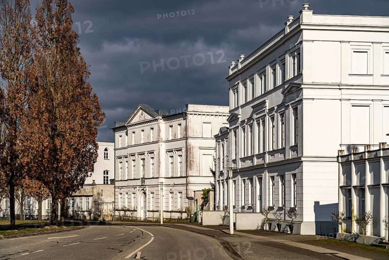White classicist building at the Circus in Putbus, Island of Ruegen, Mecklenburg-Vorpommern, Germany, Europe