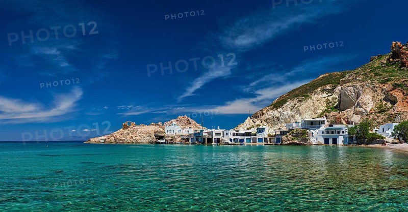 Panorama of the beach and fishing village of Firapotamos in Milos island, Greece, Europe
