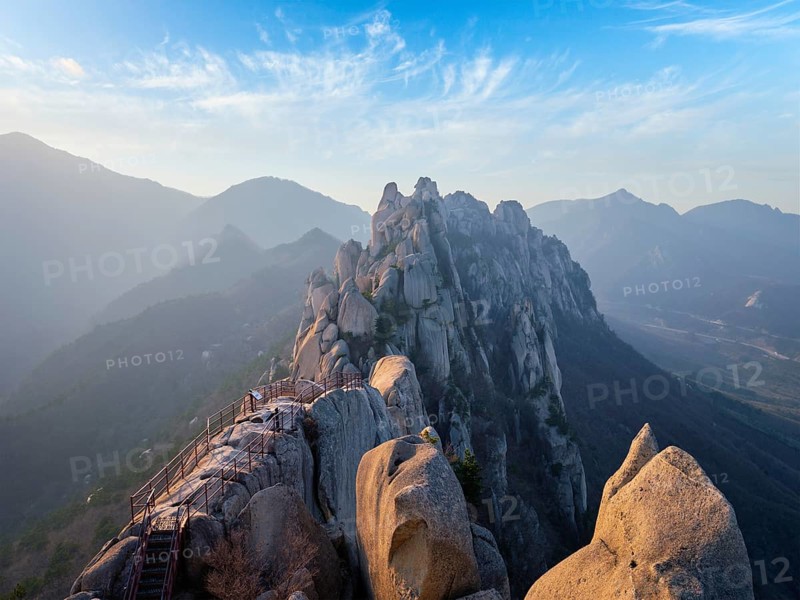 View of stones and rock formations from Ulsanbawi rock peak on sunset. Seoraksan National Park, South Corea