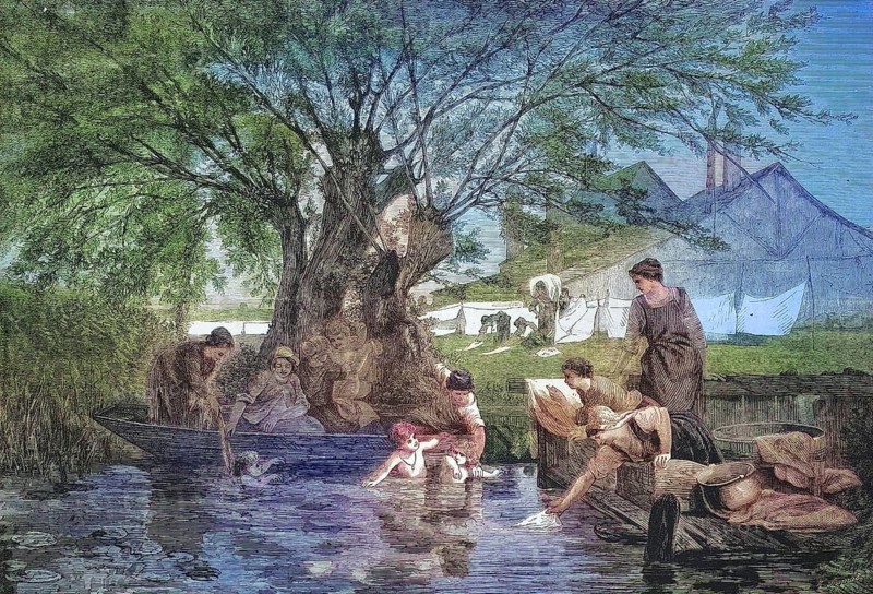 A rural washing place by the river, woman washing clothes and the children bathing in the river, 1869, France, Historic, digitally restored reproduction of an original 19th century painting, exact original date unknown, Europe