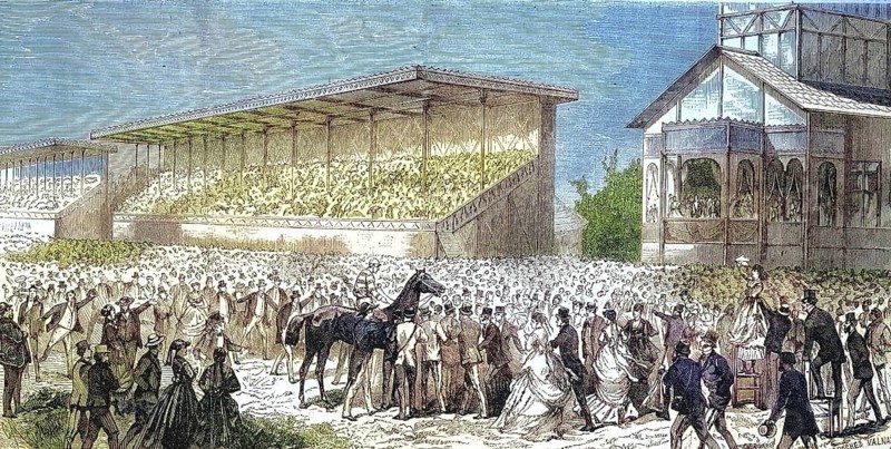Racecourse in Bois de Boulogne, the favourite horse The Earl is being shown to the public, 1868, France, Historic, digitally restored reproduction of a 19th century original, exact original date not known, Europe