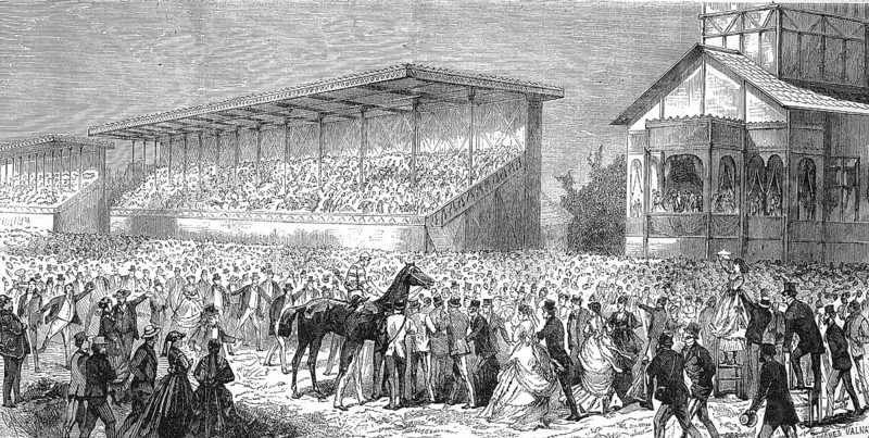Racecourse in Bois de Boulogne, the favourite horse The Earl is being shown to the public, 1868, France, Historic, digitally restored reproduction of a 19th century original, exact original date not known, Europe