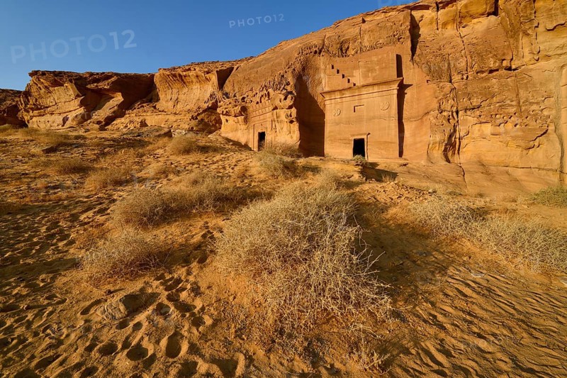 Nabataean tombs at Djabal Al-Ahmar in first daylight, Hegra or Madain Salih, AlUla region, Medina province, Saudi Arabia, Arabian Peninsula, Asia