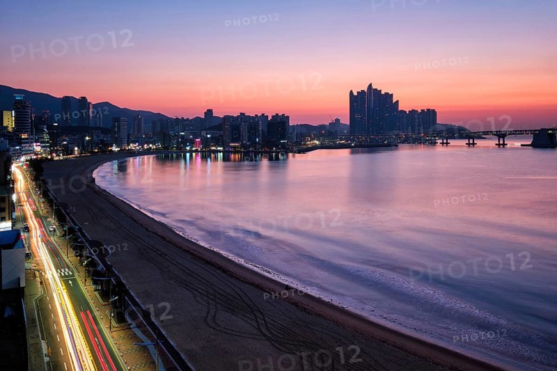 Gwangalli Beach in Busan on sunrise, South Korea. Aerial view