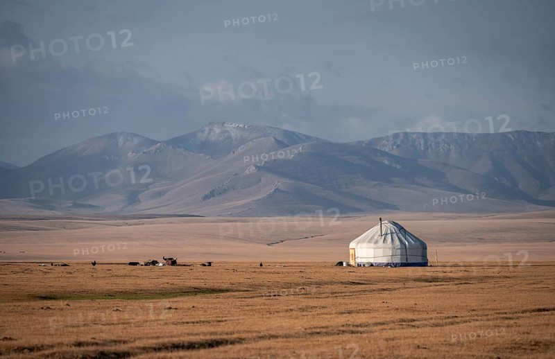 Traditional yurts at Songköl on a plateau, mountains in the background, Kyrgyzstan, Asia
