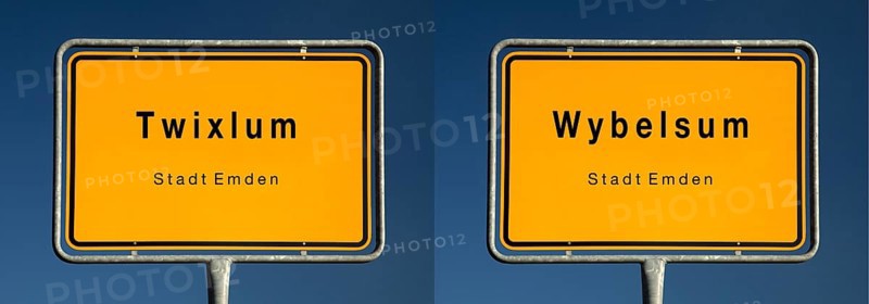 Place name signs for Twixlum and Wybelsum, districts of Emden, where the um at the end means home in North Germany, East Frisia, Lower Saxony, Germany, Europe