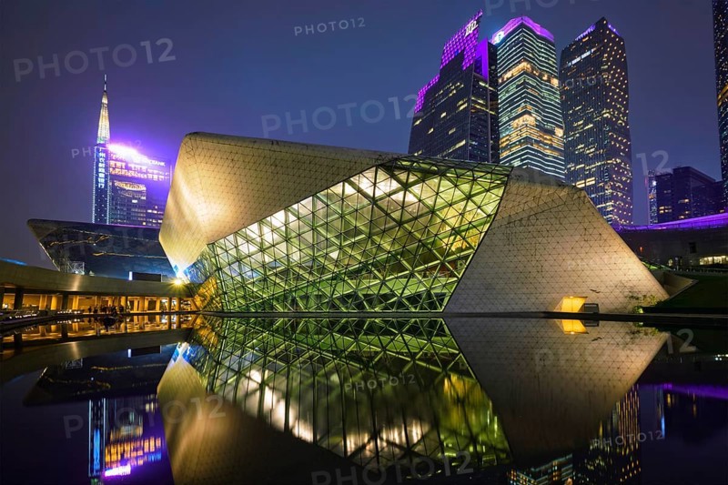 GUANGZHOU, CHINA, APRIL 27, 2018: Guangzhou Opera House designed by famous Iraqi architect architect Zaha Hadid illluminated at night
