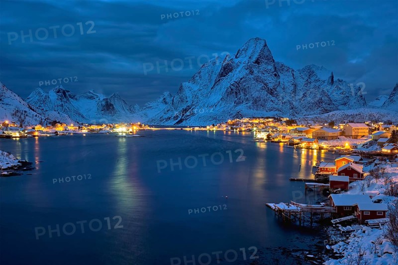 Reine village illuminated at night. Lofoten islands, Norway, Europe