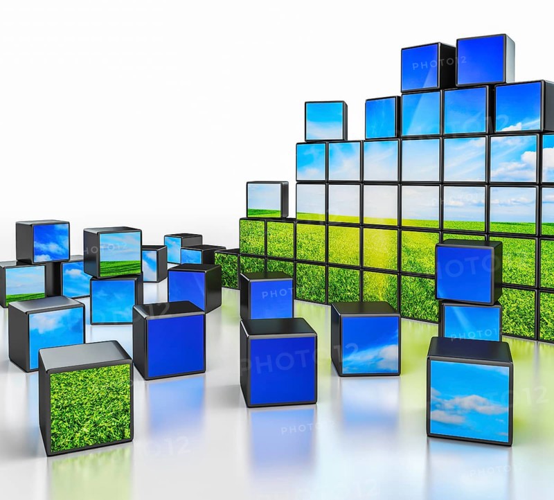 Ecology environmetal nature protection concept, cubes with beautiful landscape on white reflective background